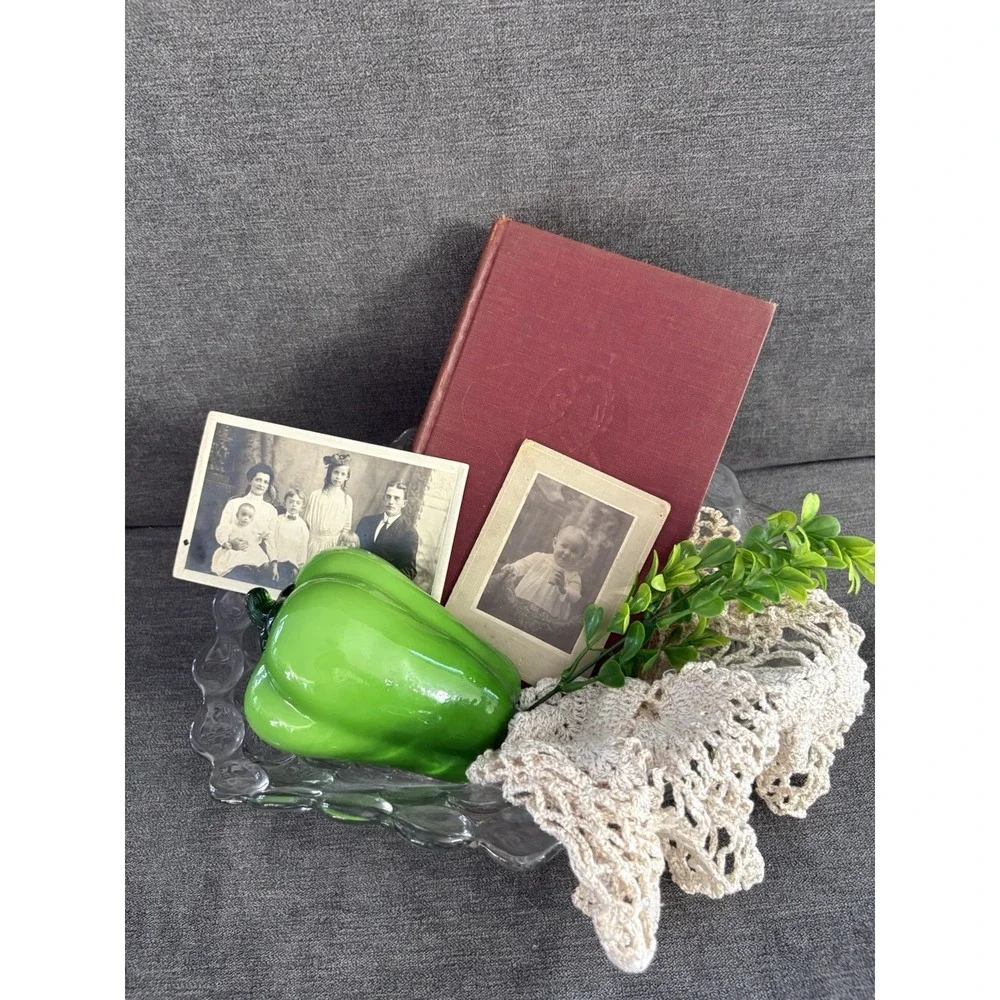 Vintage Primitive Curated Vignette, Book, Linen, Faux Greenery, Ephemera, Pepper